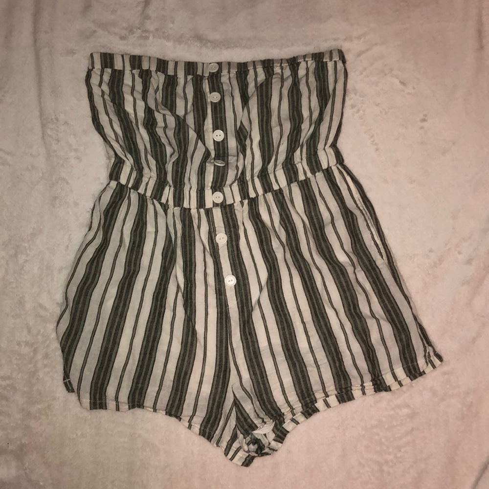 Green and White Striped Romper with Button Detail